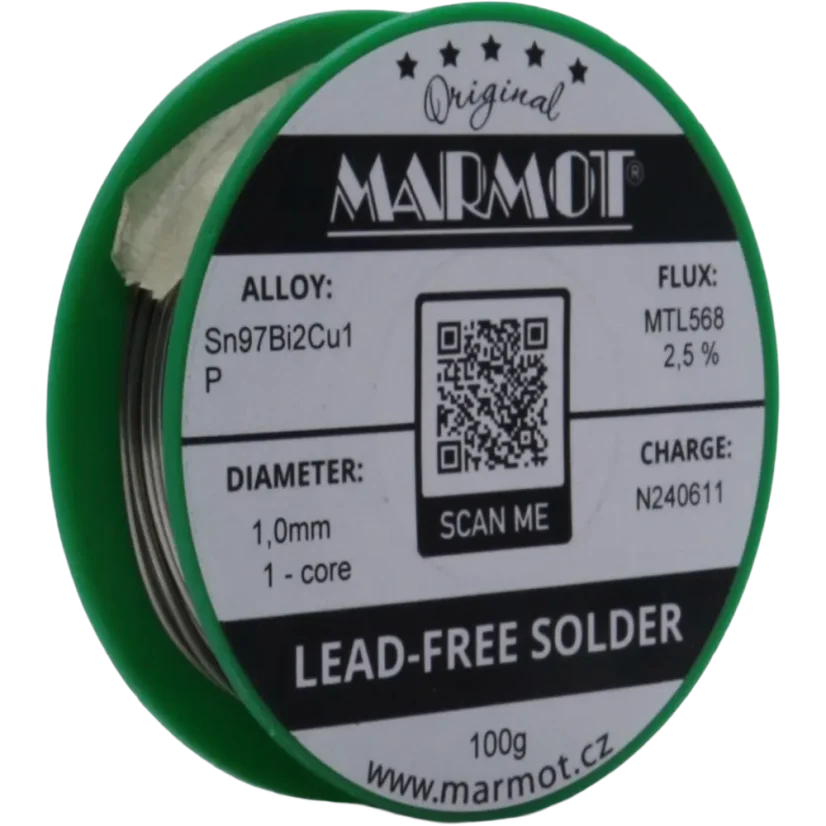 Bezolovnatá pájka s bismutem Marmot Sn97Bi2Cu1P Ø 1,0 mm s tavidlem MTL568 na 100g špulce