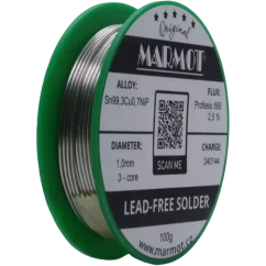 Detail cívky pájecího drátu Marmot Sn99,3Cu0,7NiP Ø 1,0 mm s tavidlem MTL568, 100g balení Detail cívky pájecího drátu Marmot Sn99,3Cu0,7NiP Ø 1,0 mm s tavidlem MTL568, 100g balení