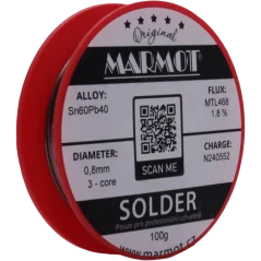 Marmot® Sn60Pb40 – olovnatá pájka Ø 0,8 mm, detail etikety na cívce