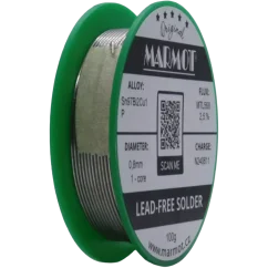 Detail cívky pájecího drátu Marmot Sn97Bi2Cu1P Ø 0,8 mm s tavidlem MTL568, 100g balení Detail cívky pájecího drátu Marmot Sn97Bi2Cu1P Ø 0,8 mm s tavidlem MTL568, 100g balení