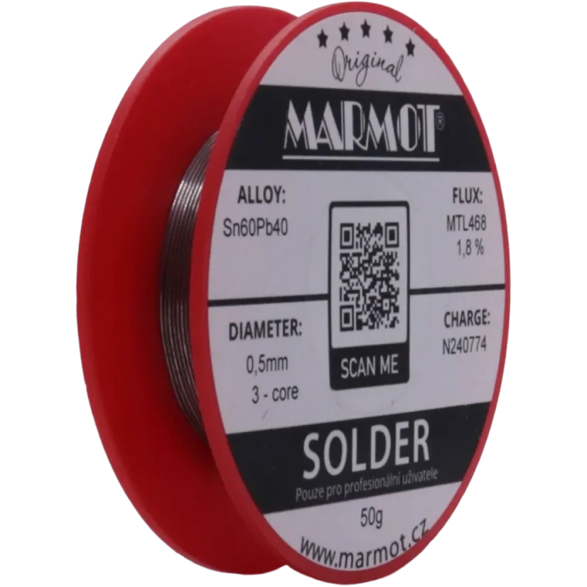 Marmot® Sn60Pb40 – olovnatá pájka Ø 0,5 mm, detail průměru drátu