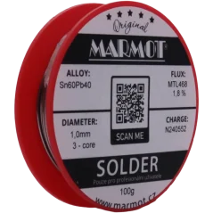 Marmot® Sn60Pb40 – olovnatá pájka Ø 1,0 mm, detail etikety na cívce