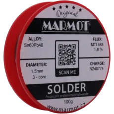 Marmot® Sn60Pb40 – olovnatá pájka Ø 1,5 mm, detail etikety na cívce Marmot® Sn60Pb40 – olovnatá pájka Ø 1,5 mm, detail etikety na cívce