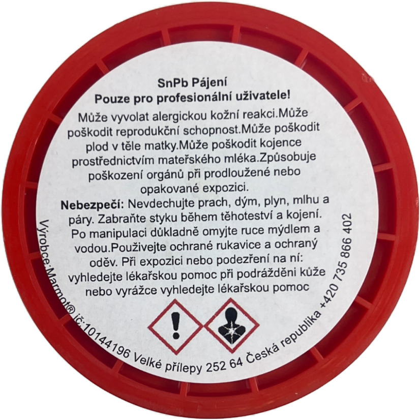 Olovnatá pájka Sn60Pb38Cu2, 500 g, průměr 1,0 mm – upozornění na spodní straně cívky.