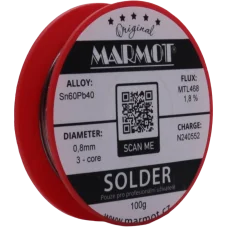 Marmot® Sn60Pb40 – olovnatá pájka Ø 0,8 mm, detail etikety na cívce