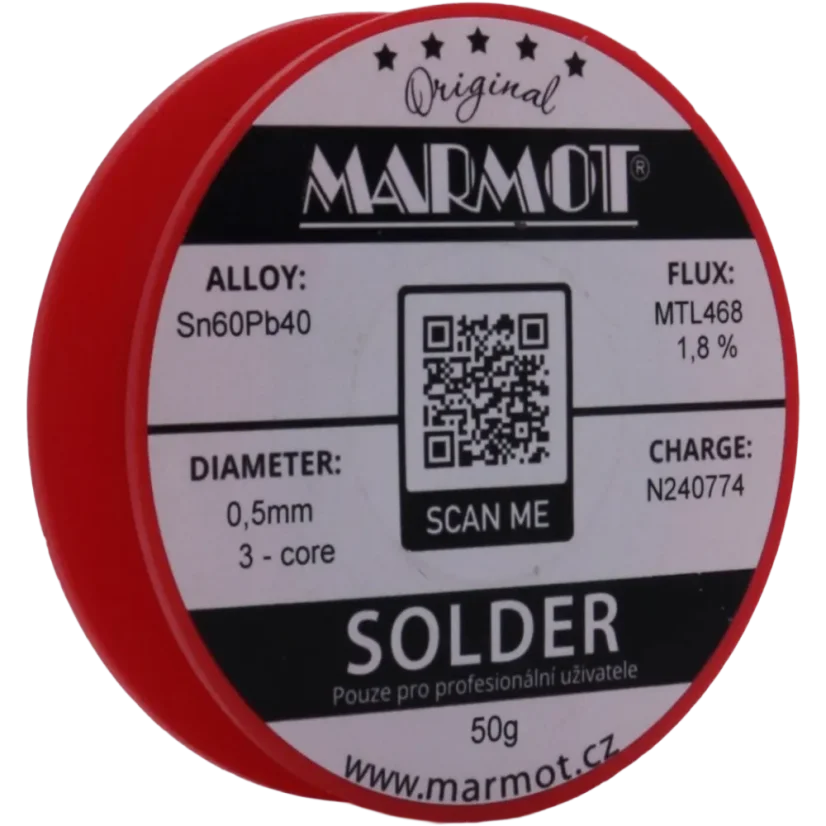 Marmot® Sn60Pb40 – olovnatá pájka Ø 0,5 mm, detail etikety na cívce