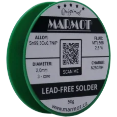Bezolovnatá pájka Marmot Sn99,3Cu0,7NiP Ø 2,0 mm s tavidlem MTL568 na 50g špulce
