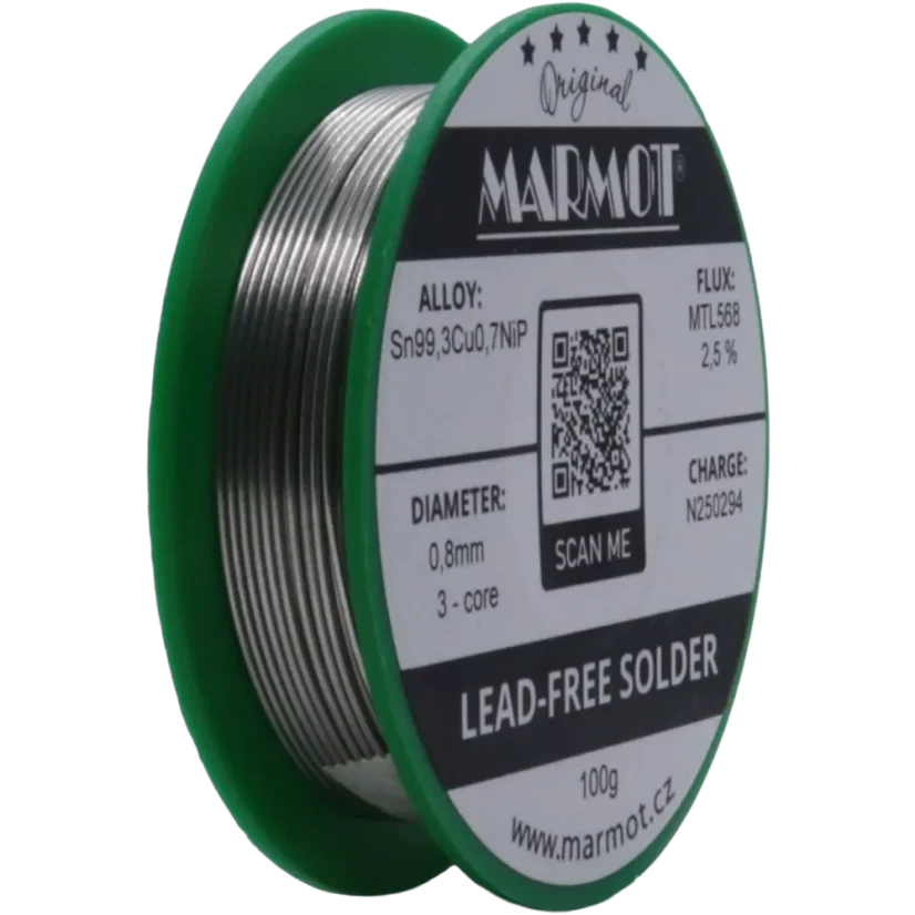 Detail cívky pájecího drátu Marmot Sn99,3Cu0,7NiP Ø 0,8 mm s tavidlem MTL568, 100g balení