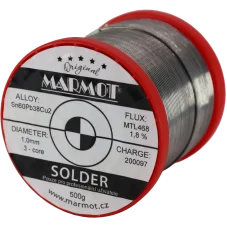 Marmot® Sn60Pb38Cu2 – olovnatá pájka Ø 1,0 mm, detail etikety na cívce