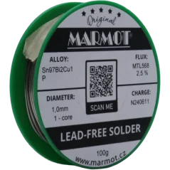 Bezolovnatá pájka s bismutem Marmot Sn97Bi2Cu1P Ø 1,0 mm s tavidlem MTL568 na 100g špulce
