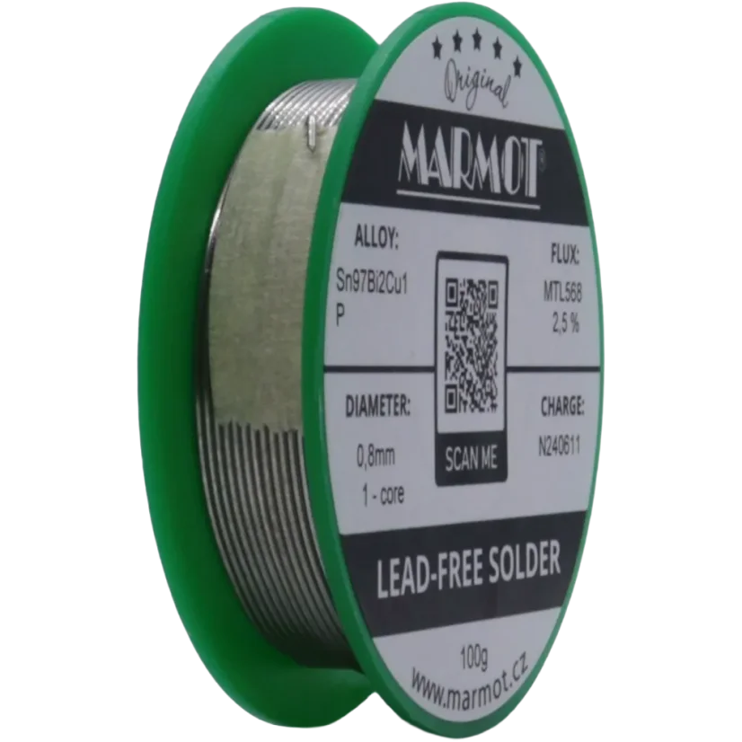 Detail cívky pájecího drátu Marmot Sn97Bi2Cu1P Ø 0,8 mm s tavidlem MTL568, 100g balení