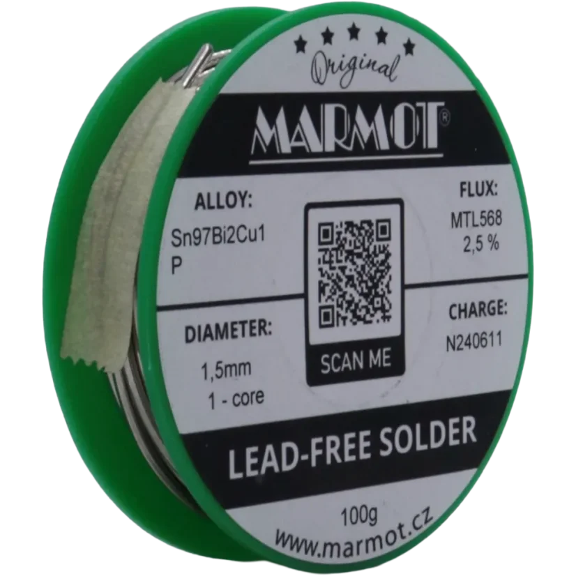 Bezolovnatá pájka s bismutem Marmot Sn97Bi2Cu1P Ø 1,5 mm s tavidlem MTL568 na 100g špulce
