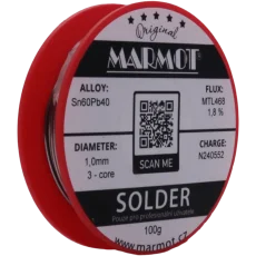 Marmot® Sn60Pb40 – olovnatá pájka Ø 1,0 mm, detail etikety na cívce
