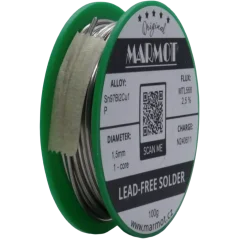 Detail cívky pájecího drátu Marmot Sn97Bi2Cu1P Ø 1,5 mm s tavidlem MTL568, 100g balení