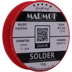 Marmot® Sn60Pb40 – olovnatá pájka Ø 1,5 mm, detail etikety na cívce