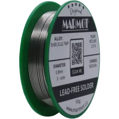 Detail cívky pájecího drátu Marmot Sn99,3Cu0,7NiP Ø 0,8 mm s tavidlem MTL568, 100g balení Detail cívky pájecího drátu Marmot Sn99,3Cu0,7NiP Ø 0,8 mm s tavidlem MTL568, 100g balení