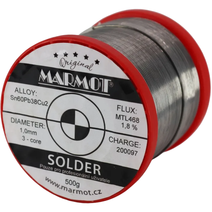 Marmot® Sn60Pb38Cu2 – olovnatá pájka Ø 1,0 mm, detail etikety na cívce