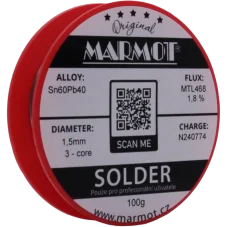 Marmot® Sn60Pb40 – olovnatá pájka Ø 1,5 mm, detail etikety na cívce