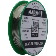 Detail cívky pájecího drátu Marmot Sn97Bi2Cu1P Ø 1,0 mm s tavidlem MTL568, 100g balení