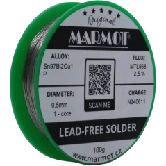 Bezolovnatá pájka s bismutem Marmot Sn97Bi2Cu1P Ø 0,5 mm s tavidlem MTL568 na 100g špulce