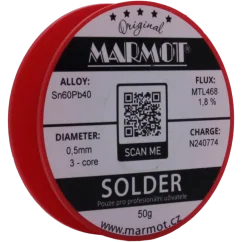 Marmot® Sn60Pb40 – olovnatá pájka Ø 0,5 mm, detail etikety na cívce Marmot® Sn60Pb40 – olovnatá pájka Ø 0,5 mm, detail etikety na cívce