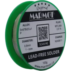 Bezolovnatá pájka s bismutem Marmot Sn97Bi2Cu1P Ø 0,8 mm s tavidlem MTL568 na 100g špulce Bezolovnatá pájka s bismutem Marmot Sn97Bi2Cu1P Ø 0,8 mm s tavidlem MTL568 na 100g špulce