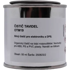 OTM19 čistič tavidla a kalafuny — detail etikety lahvičky pro elektroniku a DPS OTM19 čistič tavidla a kalafuny — detail etikety lahvičky pro elektroniku a DPS