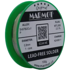 Bezolovnatá pájka s bismutem Marmot Sn97Bi2Cu1P Ø 0,8 mm s tavidlem MTL568 na 100g špulce Bezolovnatá pájka s bismutem Marmot Sn97Bi2Cu1P Ø 0,8 mm s tavidlem MTL568 na 100g špulce