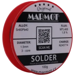 Marmot® Sn60Pb40 – olovnatá pájka Ø 1,5 mm, detail etikety na cívce